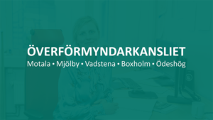 Texten Överförmyndarkansliet Motala Mjölby Vadstena Boxholm Ödeshög mot grön bakgrund.